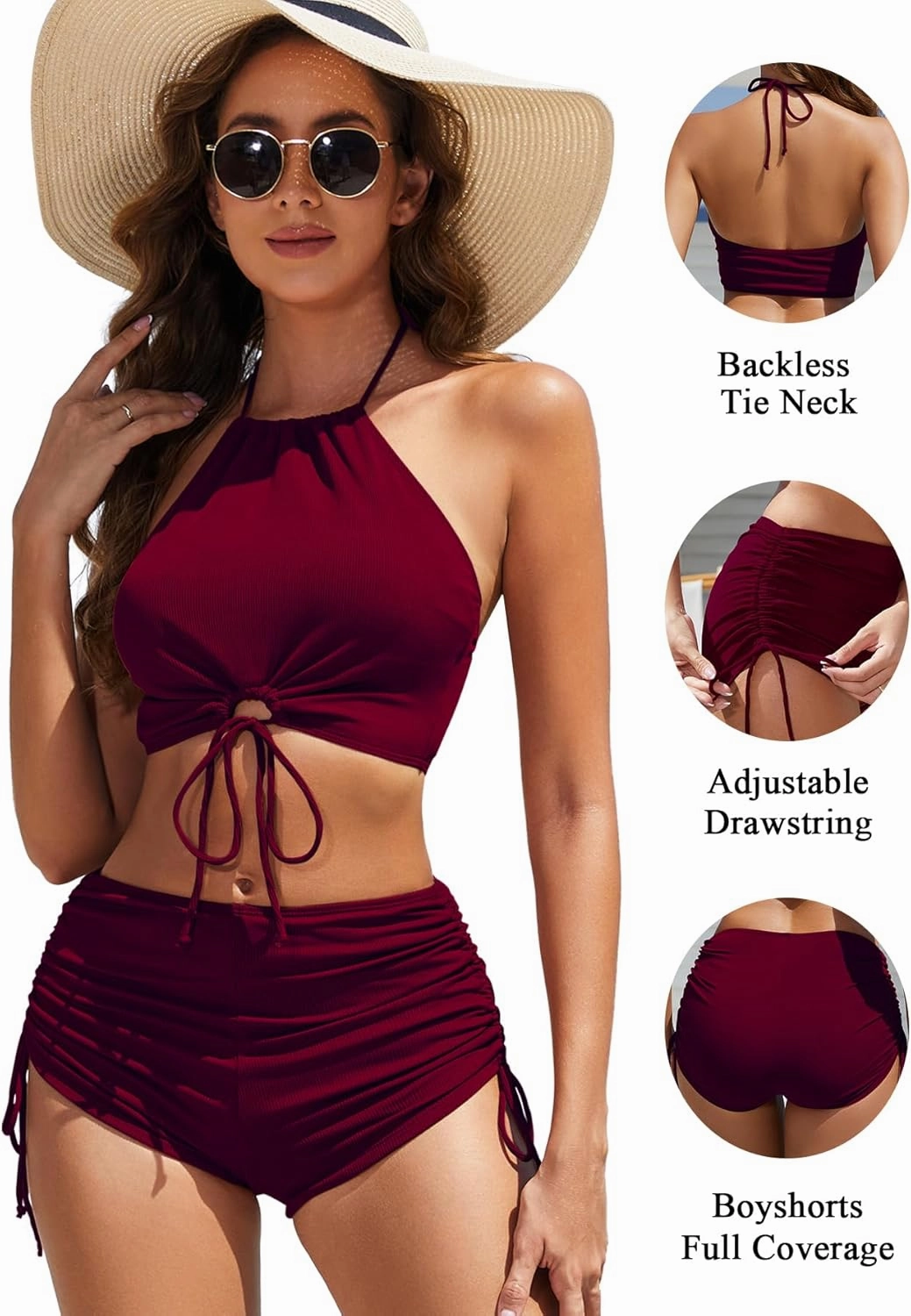 Women High Waisted Shorts Bikini Sets Tummy Control Swimsuit Two Piece Halter Drawstring Bathing Suit