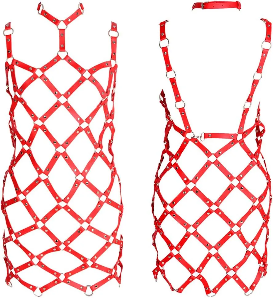 Women's full body harness bra Chest strap Punk gothic skirt Leather lingerie cage set Waist belt Dance Photography Rock