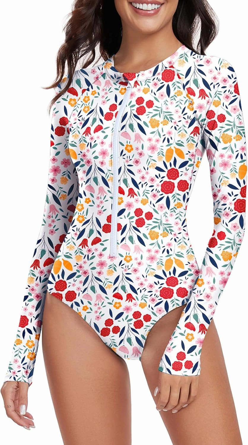 Womens Athletic One Piece Swimsuits Long Sleeve Swimsuit Sports Surfing Swimwear Bathing Suits