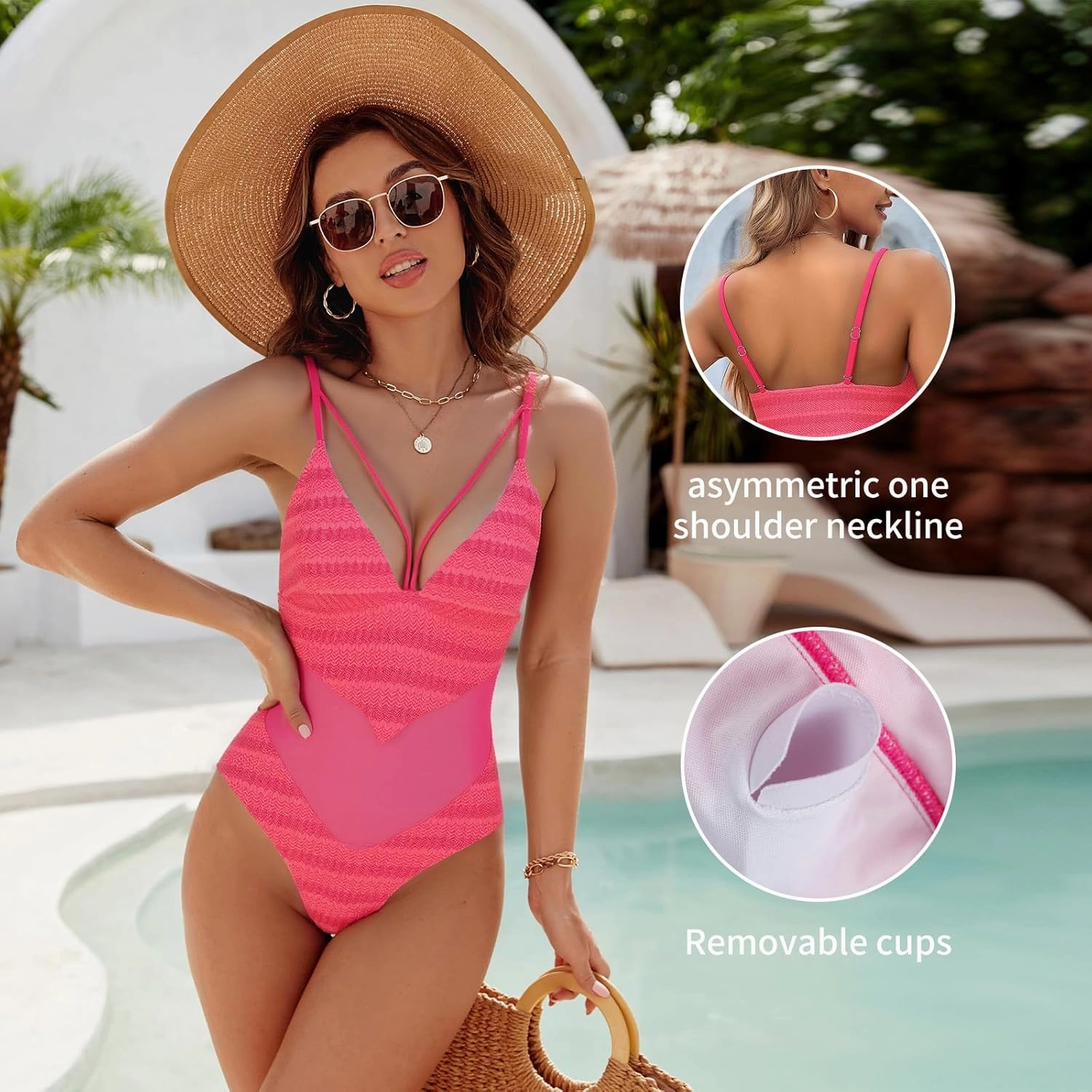 Womens One Piece Swimsuits-Sexy Deep V Neckline Tummy Control Bathing Suit Slimming Mesh Swimwear ﻿