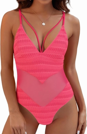 Womens One Piece Swimsuits-Sexy Deep V Neckline Tummy Control Bathing Suit Slimming Mesh Swimwear ﻿