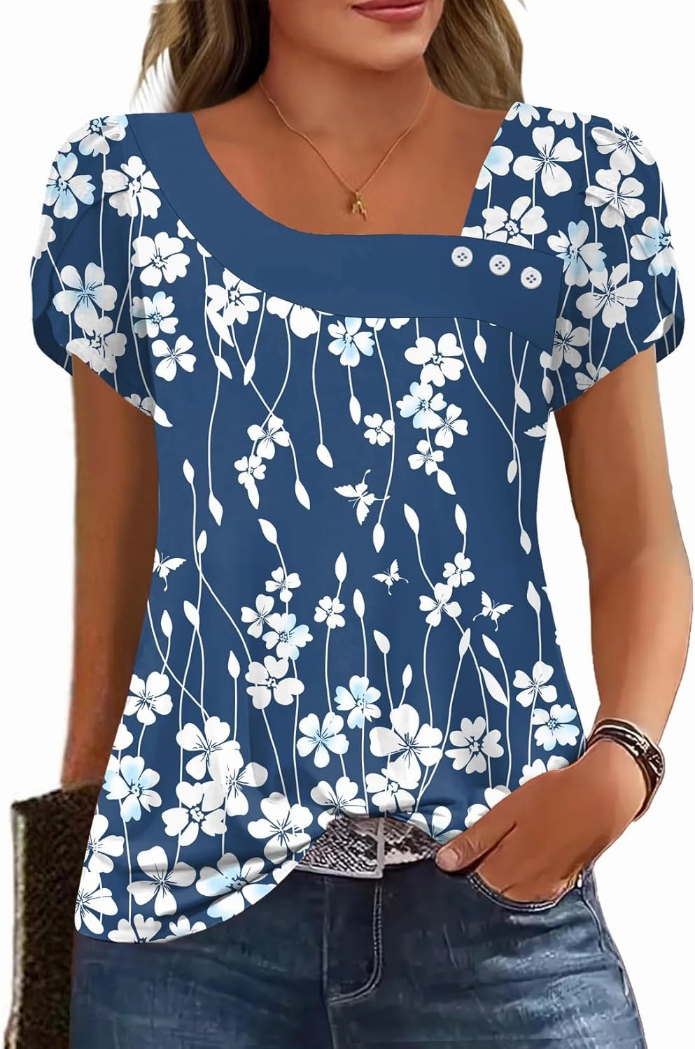 Womens Petal Sleeve Tops Summer Trendy T Shirt Casual Loose Square Neck Button Blouse Tees