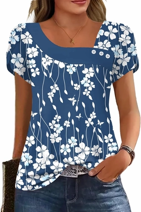 Womens Petal Sleeve Tops Summer Trendy T Shirt Casual Loose Square Neck Button Blouse Tees