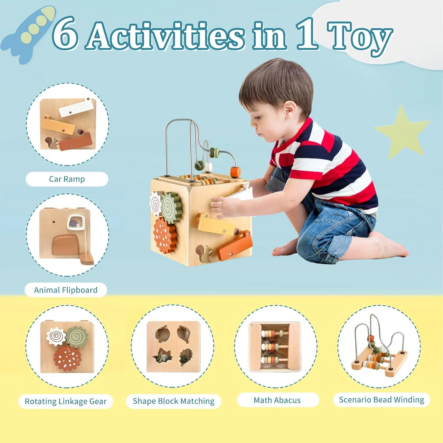 Wooden Activity Busy Cube Montessori Toys for 1 Year Old, 6-in-1 Activity Center Baby Bead Maze Toys, Sensory Shape Sorter Blocks, Toddler Boys Girls First Birthday Gift