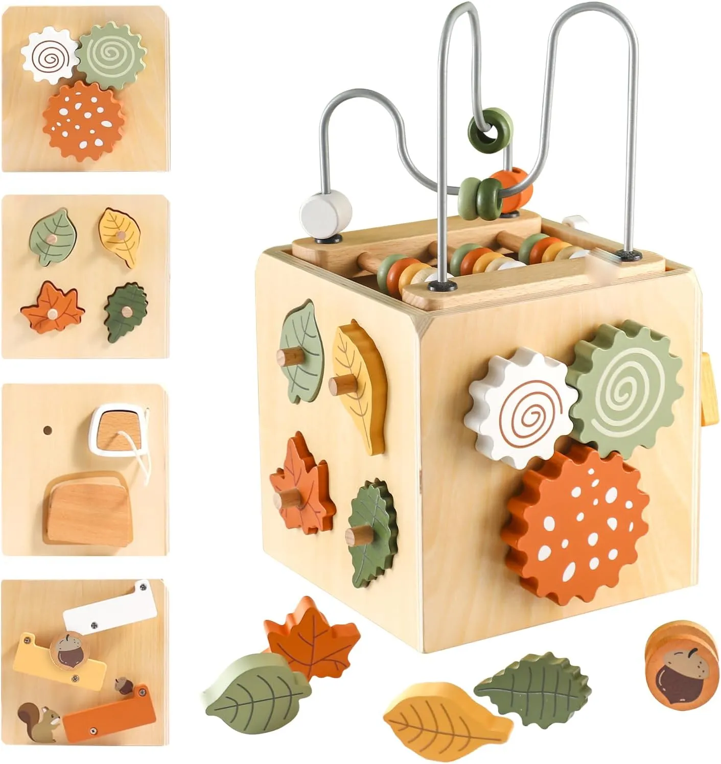 Wooden Activity Busy Cube Montessori Toys for 1 Year Old, 6-in-1 Activity Center Baby Bead Maze Toys, Sensory Shape Sorter Blocks, Toddler Boys Girls First Birthday Gift