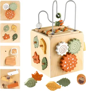 Wooden Activity Busy Cube Montessori Toys for 1 Year Old, 6-in-1 Activity Center Baby Bead Maze Toys, Sensory Shape Sorter Blocks, Toddler Boys Girls First Birthday Gift