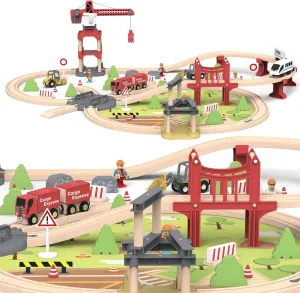 Wooden City Construction Train Track Set, 104 Pieces with Crane Tower, Bridge and Electric Trains, Educational Railway Playset for Boys and Girls Ages 3 
