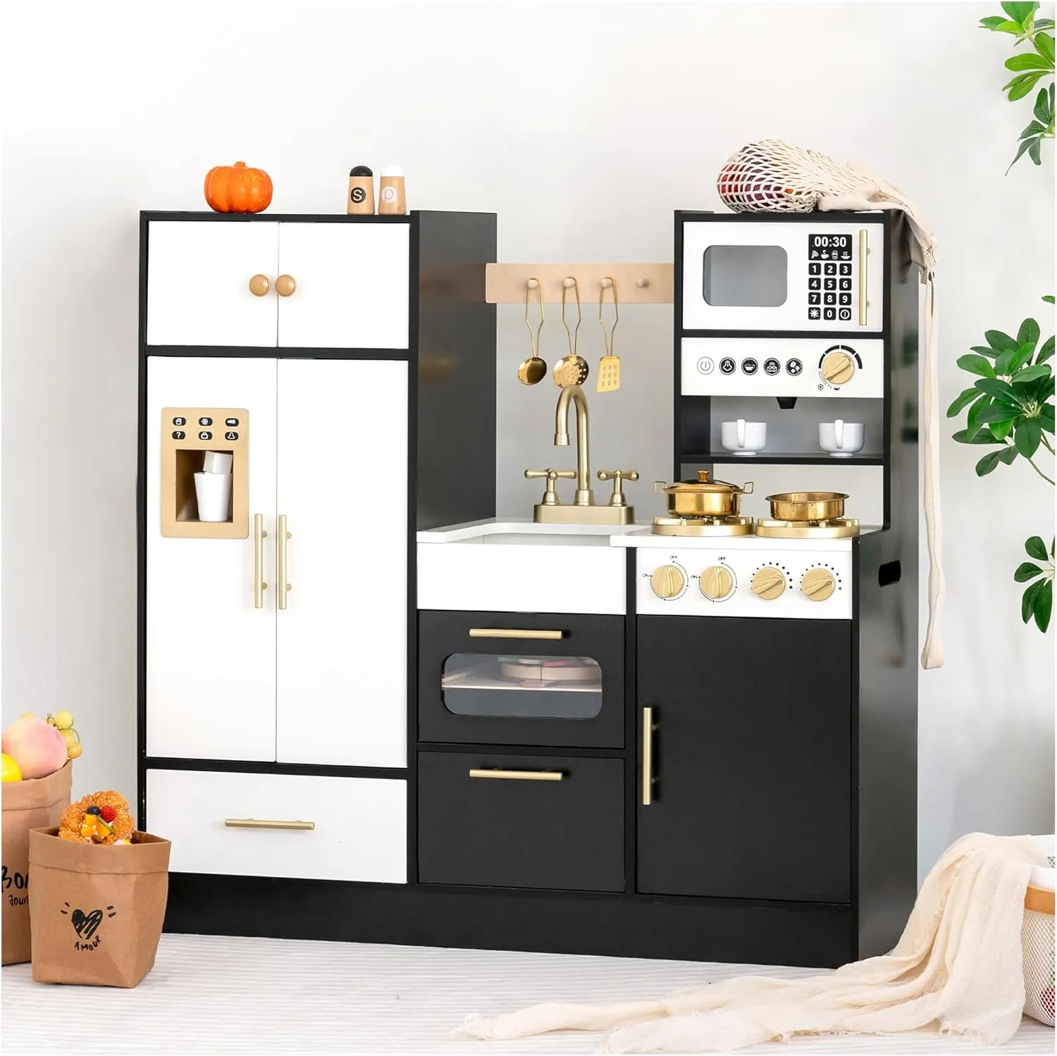 Wooden Play Kitchen Set for Kids – Interactive Pretend Toddler Kitchen Playset with 12 Kitchen Toy Accessories, Perfect for Ages 3 