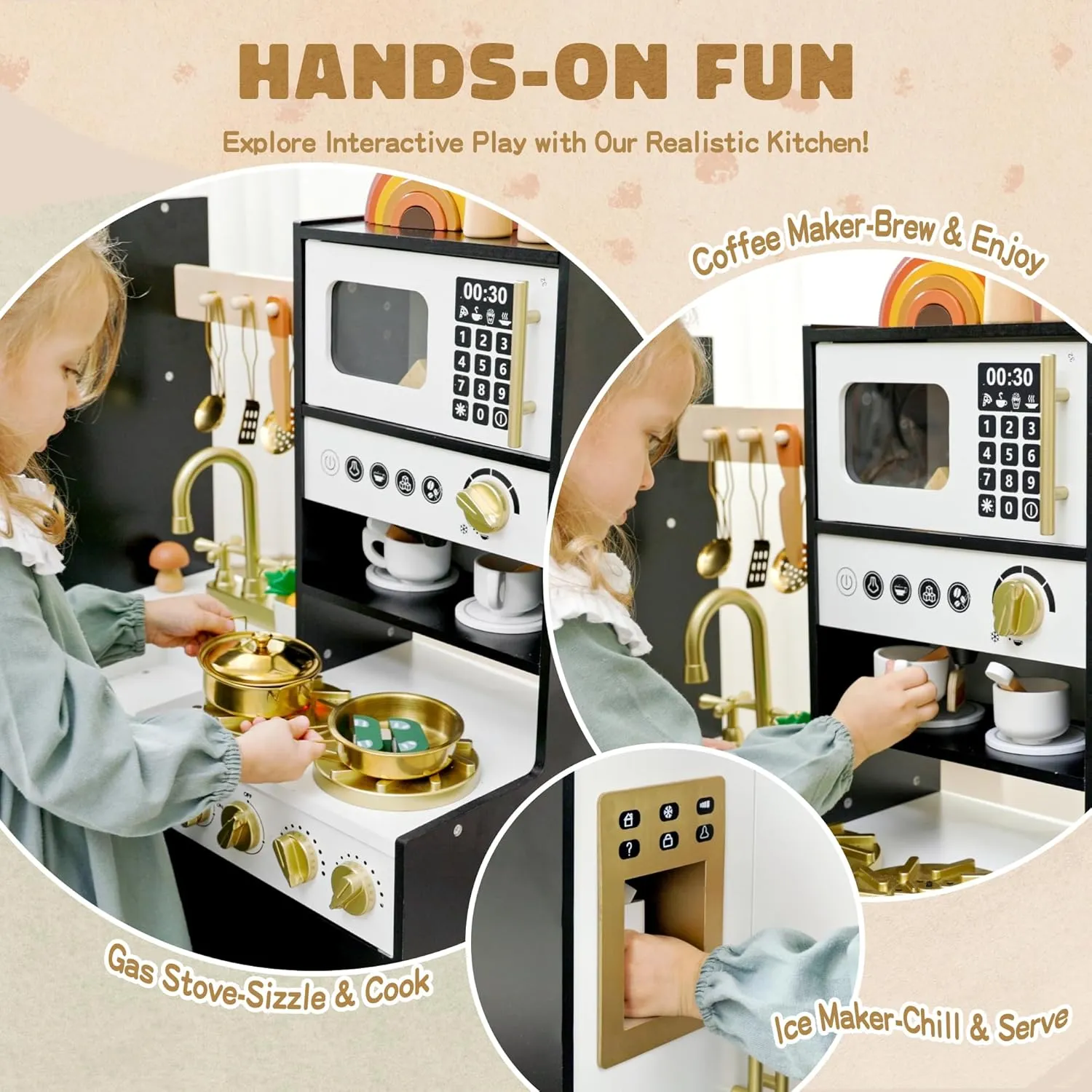 Wooden Play Kitchen Set for Kids – Interactive Pretend Toddler Kitchen Playset with 12 Kitchen Toy Accessories, Perfect for Ages 3 
