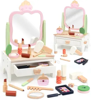 Wooden Vanity Set for Kids Pretend Play Makeup Toy Set with Rotatable Mirror Toddler Beauty Salon Play Set with Makeup Accessories Gifts for Little Girls Age 3  (Pink)