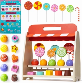 Wooden Candies and Lollypops Food Toy with Stand, Educational Toys for 2-7 Years Old Girls and Boys, Dessert Play Food Set for Toddlers, Sweets Pretend Play Kitchen, Color and Shape Recognition
