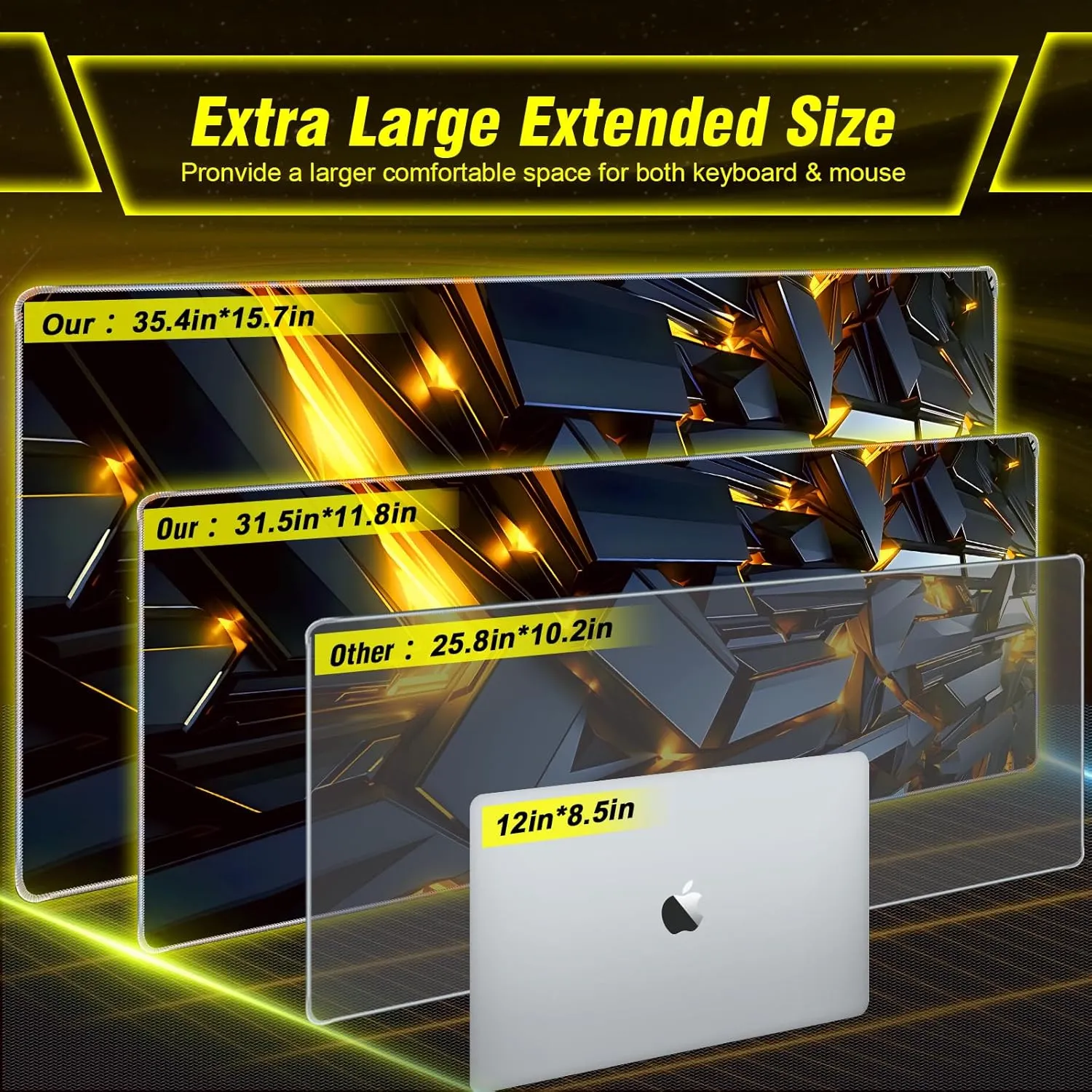 XXX-Large Gaming Mouse Pad 35.4x15.7in, Golden Light Mecha Technology Style Extended Long Gaming Mousepad Keyboard Mat, 3mm Thick Soft Smooth Surface Fabric Gamer Mouse Mat, for Gaming, Office, Home