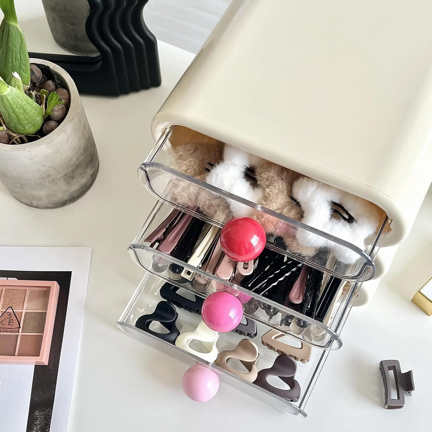 Yesesion Plastic Vanity Organizer, Compact 3-Tiers Storage Drawer for Hair Care, Ties, Clips, Dental, Lipsticks, Desk Accessories Box for Home, Office, Bathroom, Pen Holder, Qtip Dispenser (Beige)