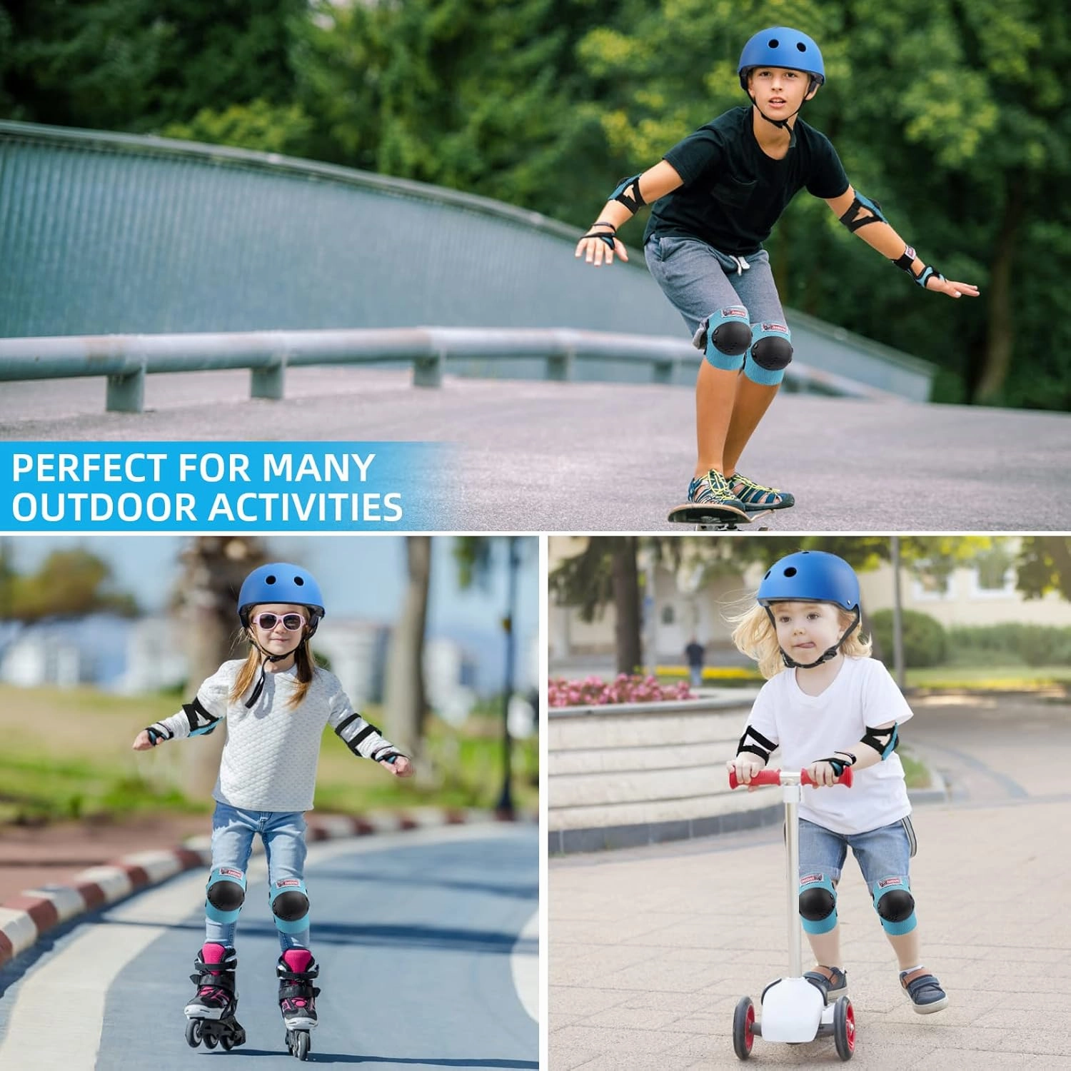 Youth & Kids Rider Helmet and Knee Pads Elbow Pads Wrist Guards Protective Gear Set for 3 -15 Years Child Roller Skating, Scooters, Biking, Inline Skating and Outdoor Extreme Multi-Sports