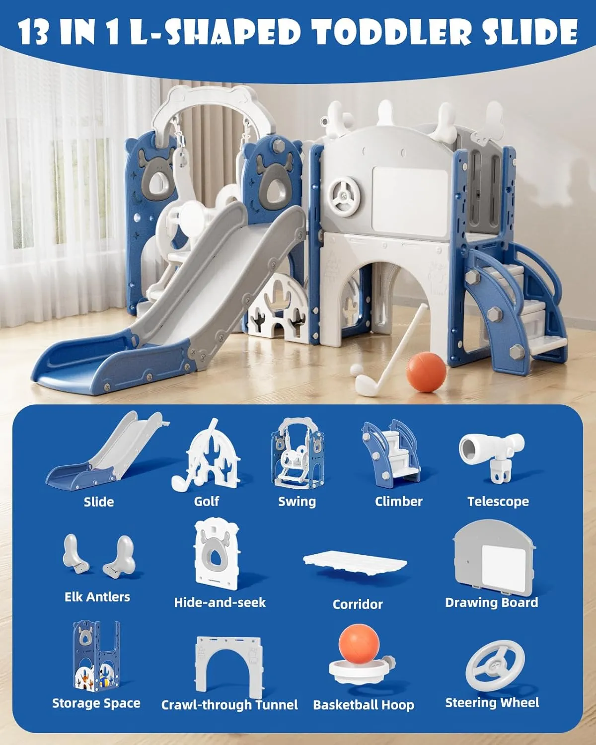 YUFU 13 in 1 Kids Slide for Toddlers, Toddler Slide Playset with Swing, Golf, Drawing Board, Basketball Hoop and Storage Space, Indoor Outdoor Toddler Playground for Kids Age 1-3 (Blue)