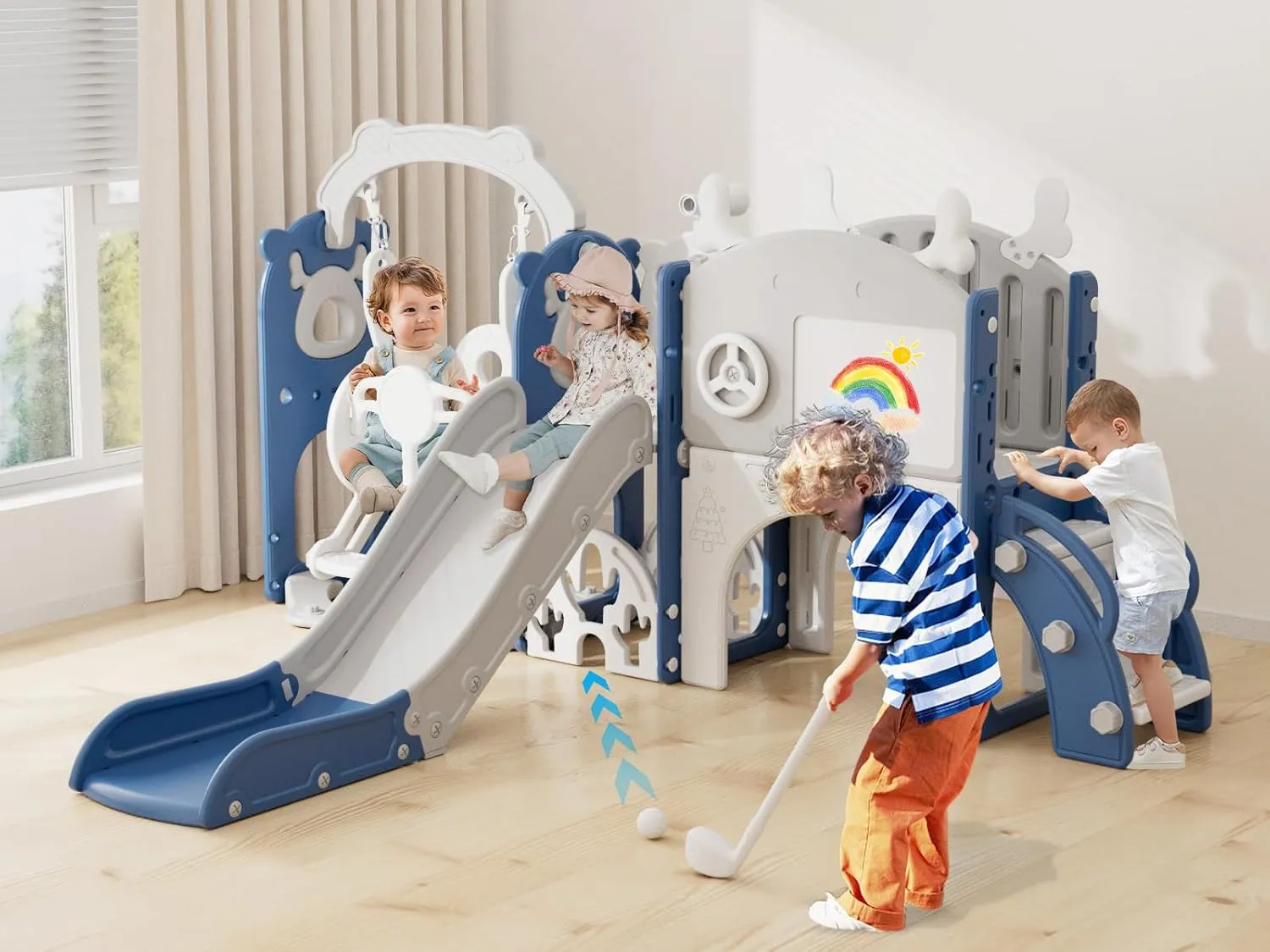 YUFU 13 in 1 Kids Slide for Toddlers, Toddler Slide Playset with Swing, Golf, Drawing Board, Basketball Hoop and Storage Space, Indoor Outdoor Toddler Playground for Kids Age 1-3 (Blue)