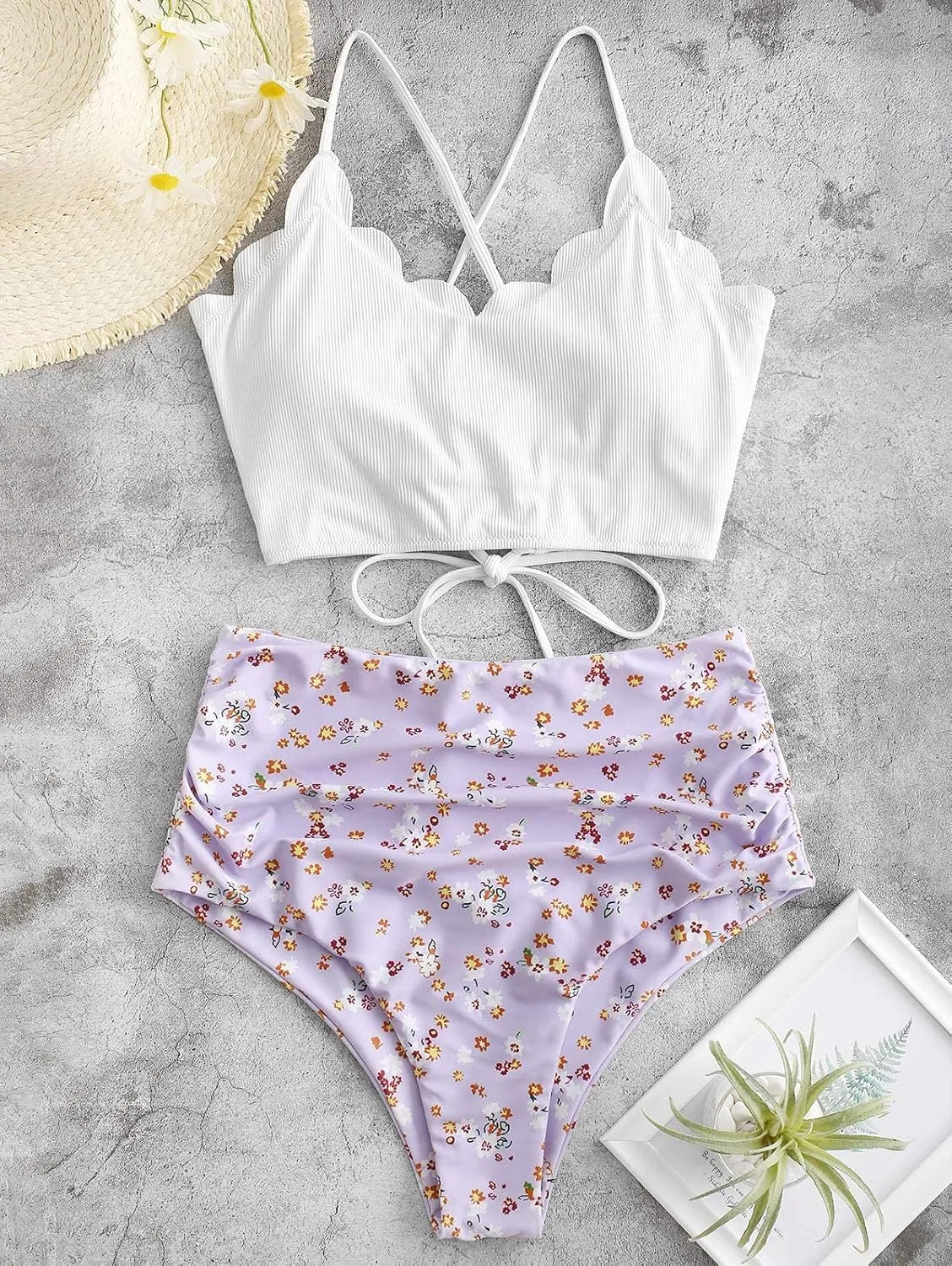 ZAFUL Scalloped Swimsuits for Women High Waisted Bikini Sets Padded Tummy Control 2 Piece Swimwears