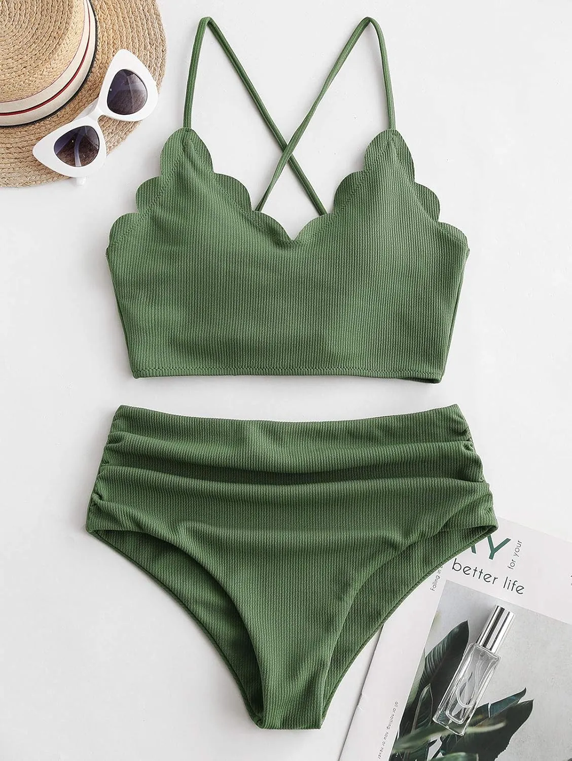 ZAFUL Scalloped Swimsuits for Women High Waisted Bikini Sets Padded Tummy Control 2 Piece Swimwears