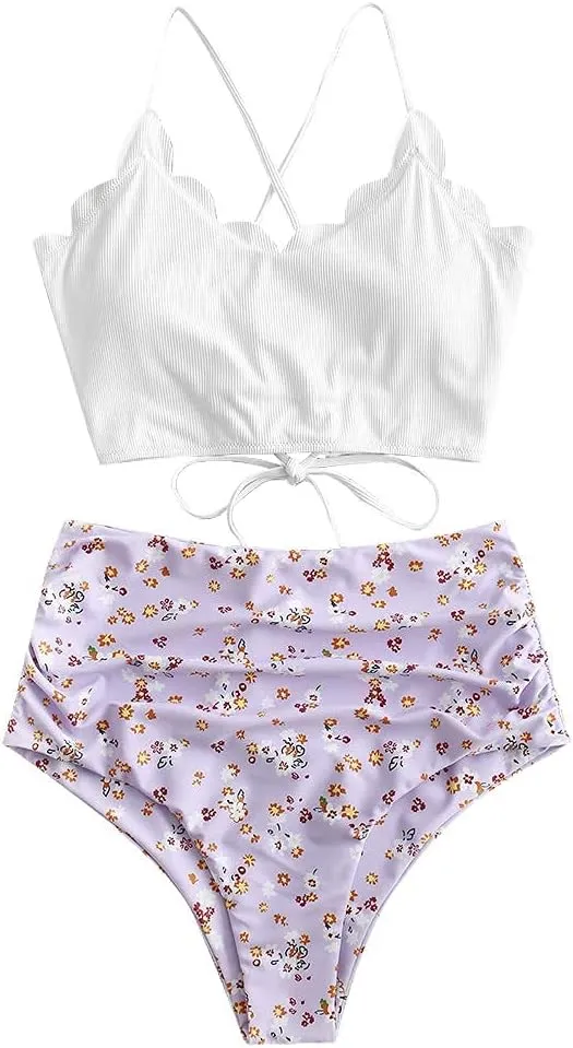 ZAFUL Scalloped Swimsuits for Women High Waisted Bikini Sets Padded Tummy Control 2 Piece Swimwears