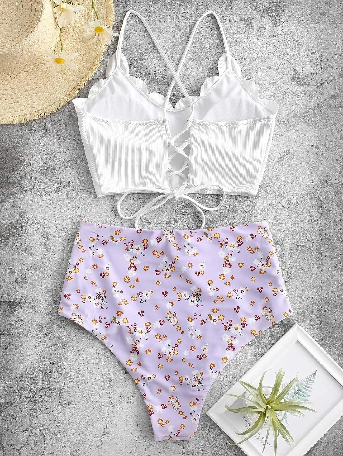 ZAFUL Scalloped Swimsuits for Women High Waisted Bikini Sets Padded Tummy Control 2 Piece Swimwears