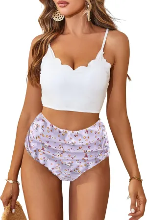 ZAFUL Scalloped Swimsuits for Women High Waisted Bikini Sets Padded Tummy Control 2 Piece Swimwears