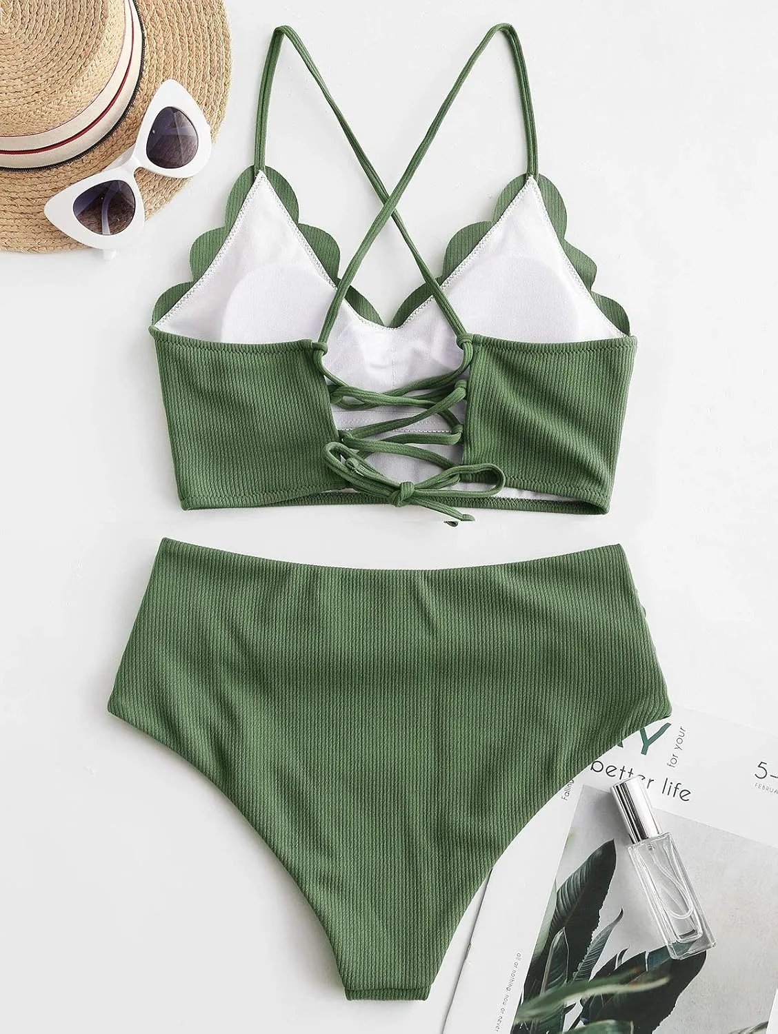 ZAFUL Scalloped Swimsuits for Women High Waisted Bikini Sets Padded Tummy Control 2 Piece Swimwears
