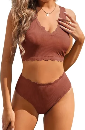 ZAFUL Scalloped Swimsuits for Women High Waisted Bikini Sets Padded Tummy Control 2 Piece Swimwears