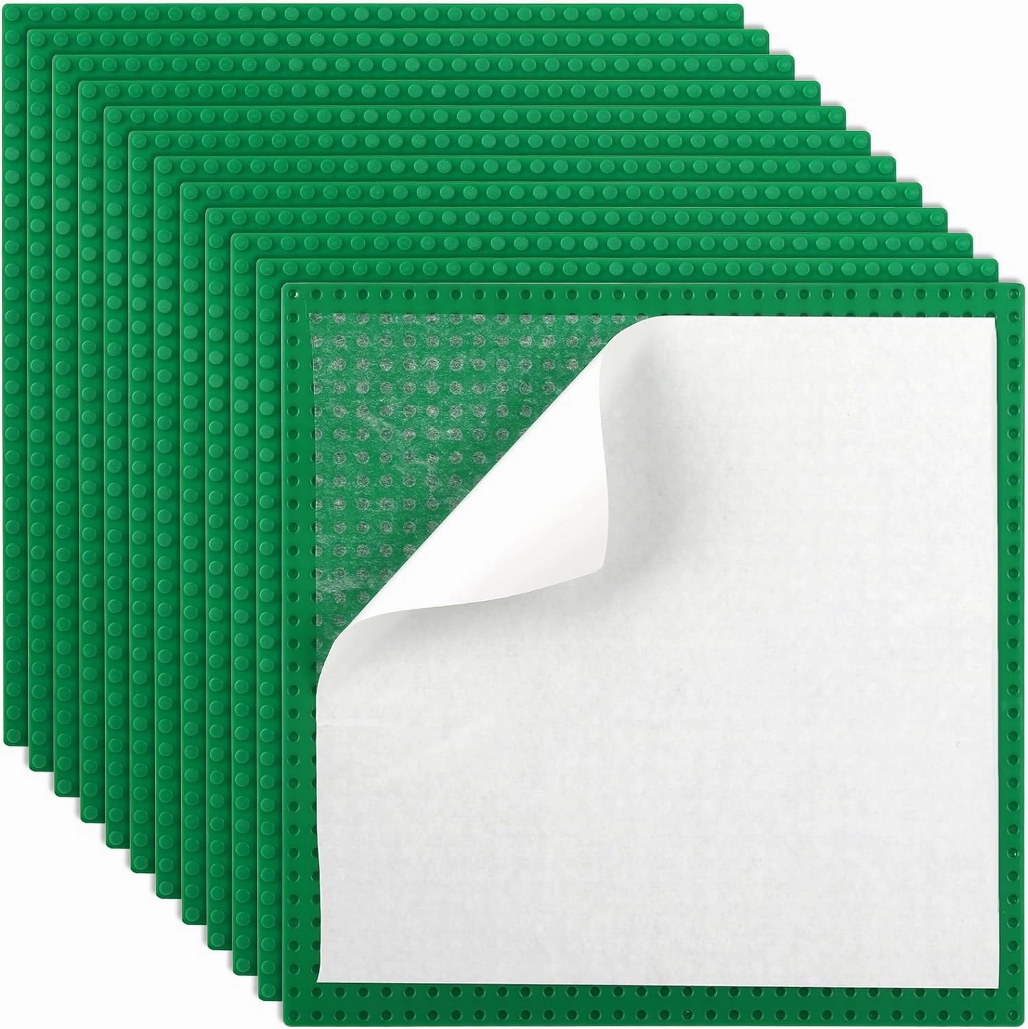ZEAYEA 12 Pack Peel and Stick Baseplates, 10" x 10" Self Adhesive Building Base, Compatible with Most Standard Building Bricks, Building Brick Plates for Activity Tables, Walls, Green