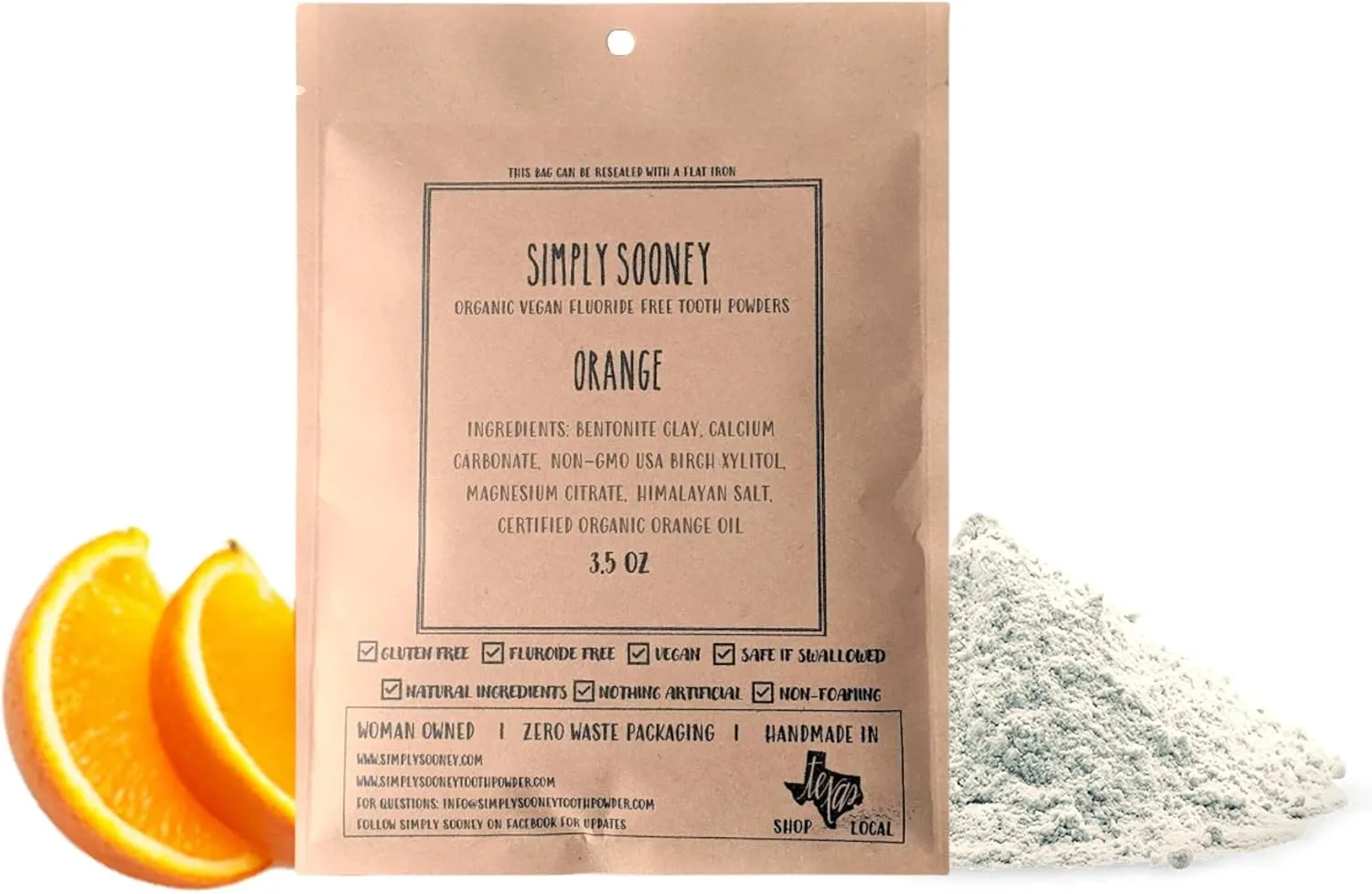 Zero Waste Paper Bag Kid Safe Orange Organic Vegan Fluoride Free Remineralizing Tooth Powder - Ships Without Any Plastic