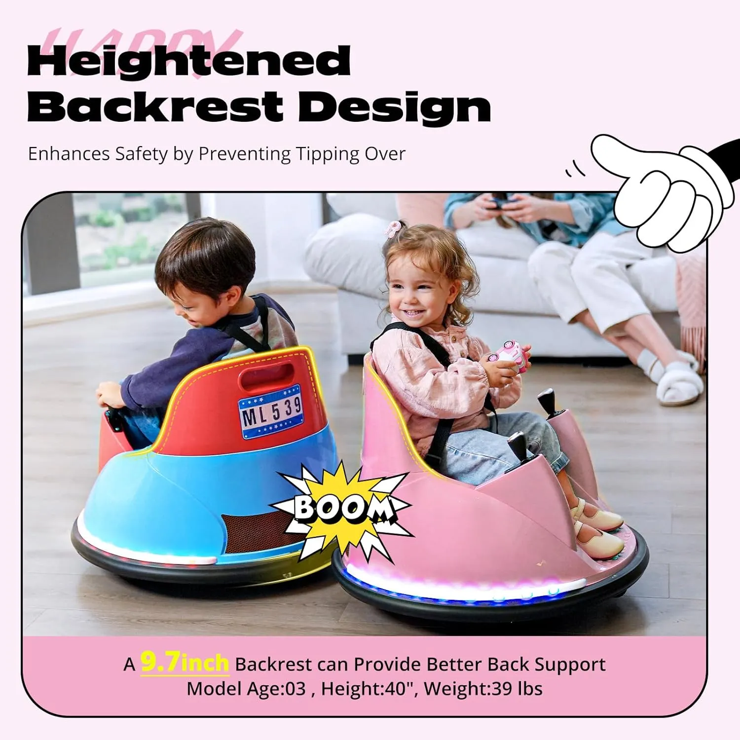 Zupapa 12V Bumper Car for Kids Toddler 1.5-6 Years with Remote Control Bluetooth Music 3 Speed DIY License Plate Electric Ride on Toys